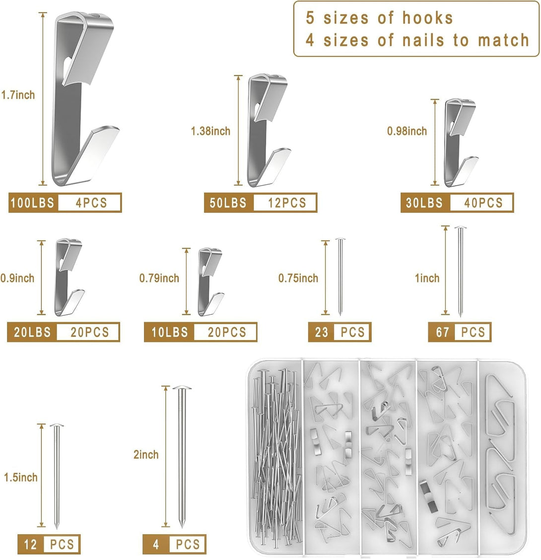 202 PCS Frame Hanger Kit, 10Lb, 20Lb, 30Lb, 50Lb&100Lb Picture Hanging Hardware Kit, Picture Hanging Tool, Pcture Hangers,Picture Frame Hanging Kit, Picture Hooks for Pictures, Canvas, Mirror (Silver)