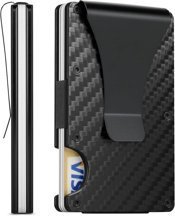 Carbon Fiber Minimalist Wallet for Men Credit Card Holder Money Clip & Cash Strap Slim RFID Mens Wallets