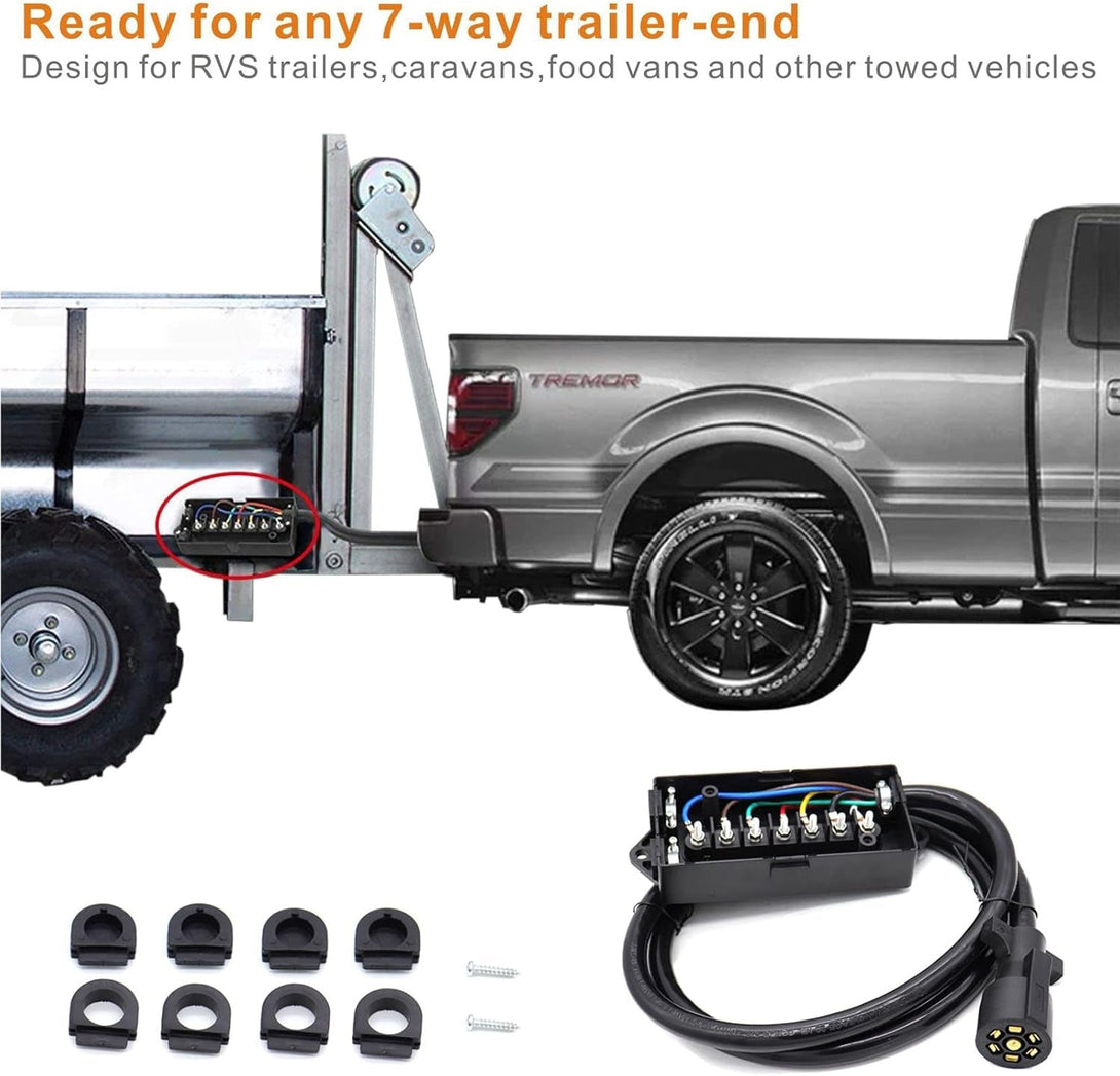 6 Foot 7 Pin Trailer Plug Wiring Harness 7 Way RV Trailer Cord Wire with 7 Gang Waterproof Junction Box