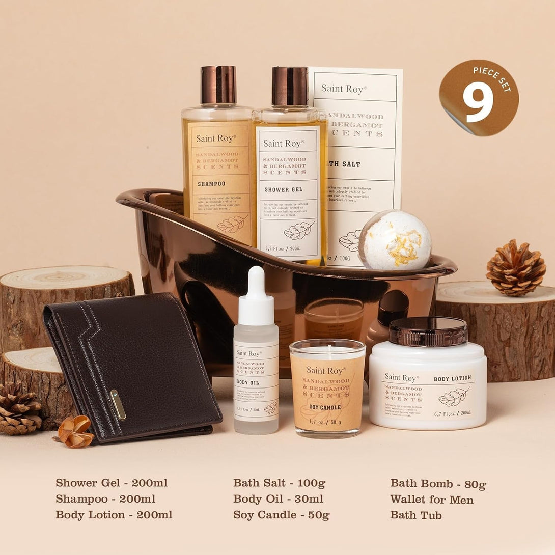 9Pcs Birthday Gifts Spa Kit for Men Cedar & Bergamot Scents Bath Gift Set and Shower Gift Bath and Body Gift Basket Set for Mans Gifts Bath Spa Kit Bath Spa Baskets, Home Spa Care Men Gift Set