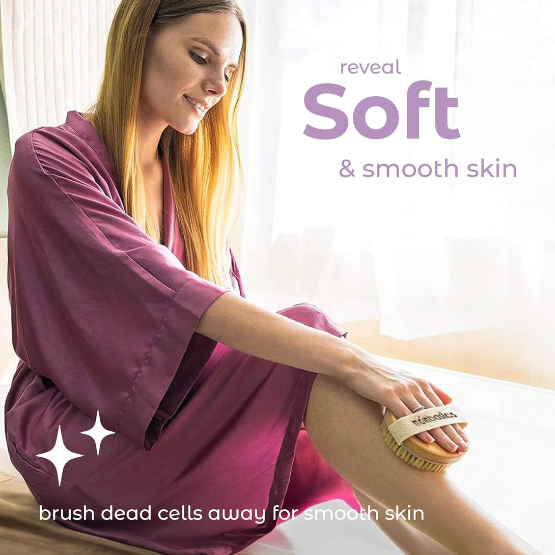 Mainbasics Dry Brushing Body Brush for Lymphatic Drainage, Dry Skin, Cellulite, Blood Circulation with Exfoliating Natural Bristles and Massage Nodes for Flawless Skin