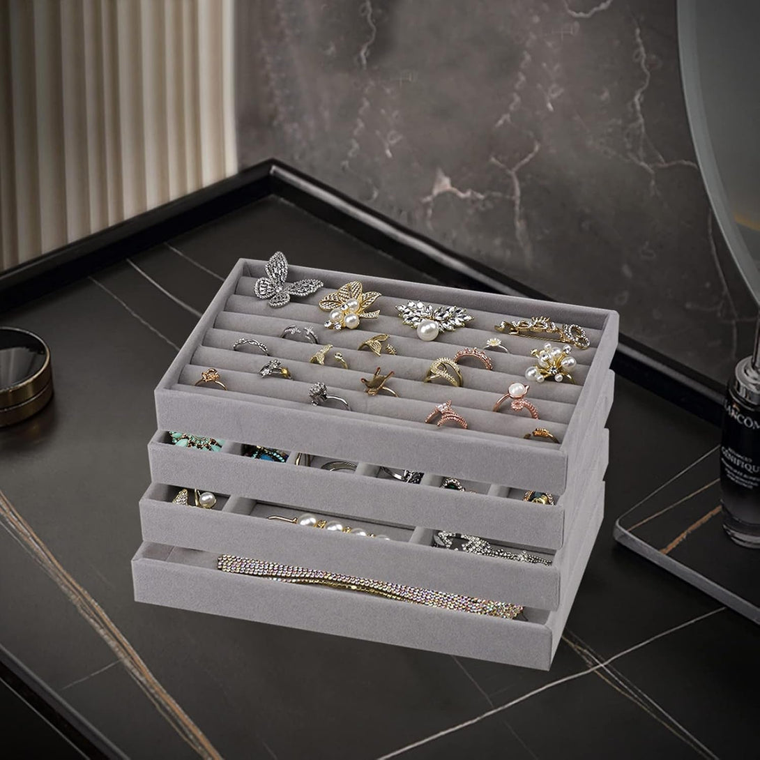 Stackable Velvet Jewelry Trays Organizer for Drawers, Small Jewelry Drawer Organizer Display Tray for Earring Ring Watch Bangle Bracelet Necklace, Set of 4, Gray