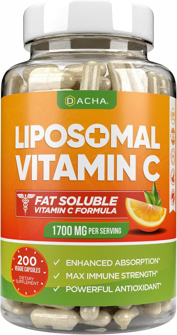 DACHA Natural Liposomal Vitamin C - 1700Mg, 200 Capsules, Immune System & Collagen Booster, High Absorption Fat Soluble VIT C, Buffered, Skin Vitamins, Vegeterian, Vegan
