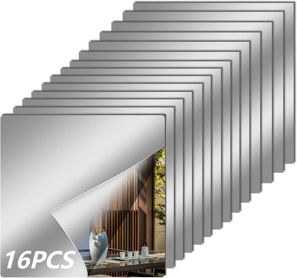 16 Pcs Flexible Mirror Reflective Stickers，Non Glass Safety Reflective Mirror, 12 X 12 in Self Adhesive Square Cuttable Acrylic Film Mirror for DIY Craft Home Wall Decoration