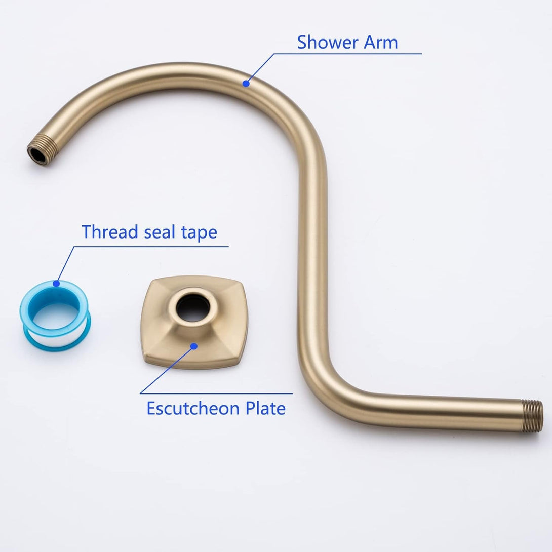 13 Inch High Rise S Shape Shower Extension Arm with Flange,Brushed Gold Shower Head Extender Arm Wall Mounted,Standard 1/2" Connection-Bathroom Accessory,Sw-91098-13Bg.