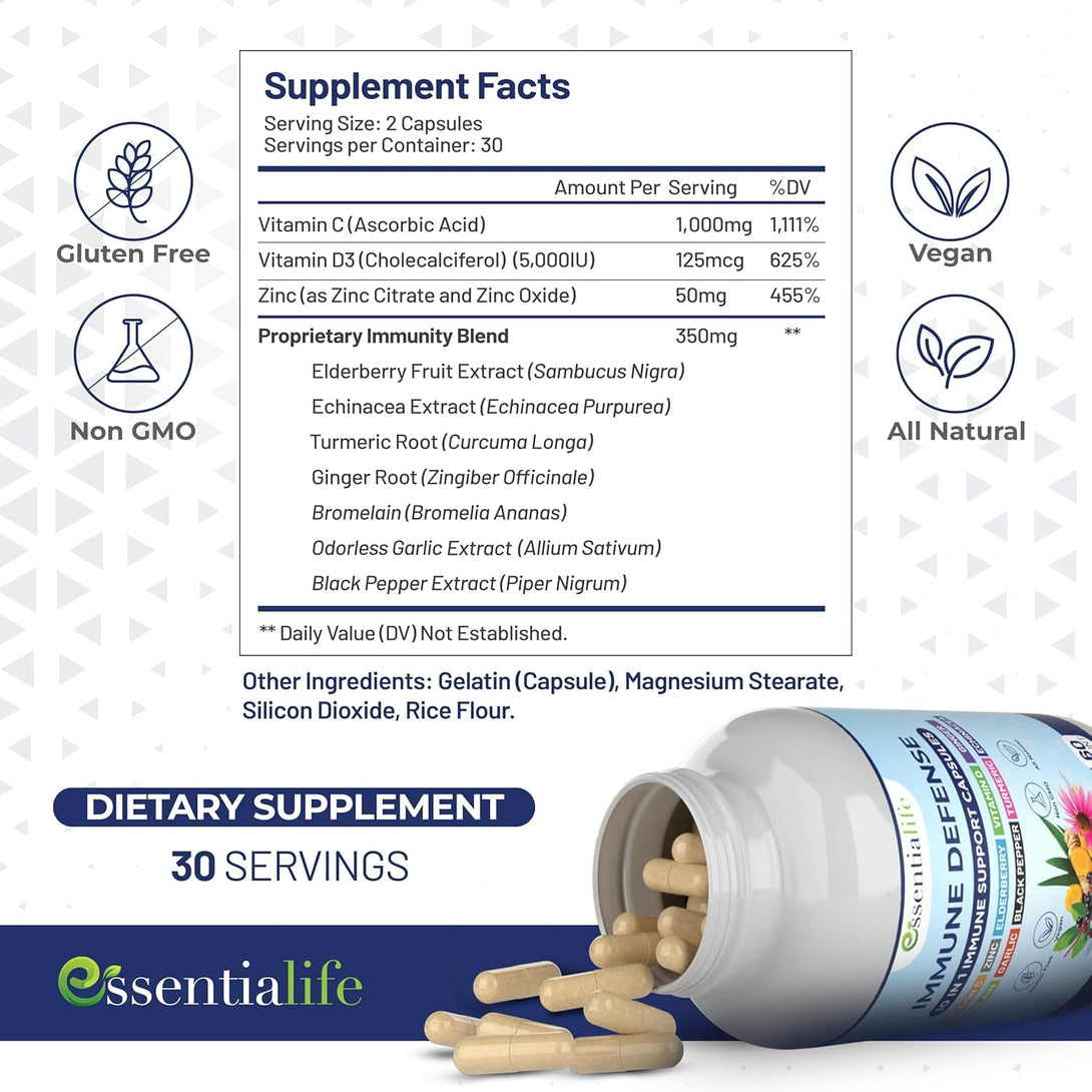 Immune Support Supplement 10 in 1 Elderberry, Echinacea, Vitamin D, Vitamin C 1000Mg & Zinc Supplement - Take Charge of Your Health with Immune Booster for Adults - 60 Vitamins Capsules
