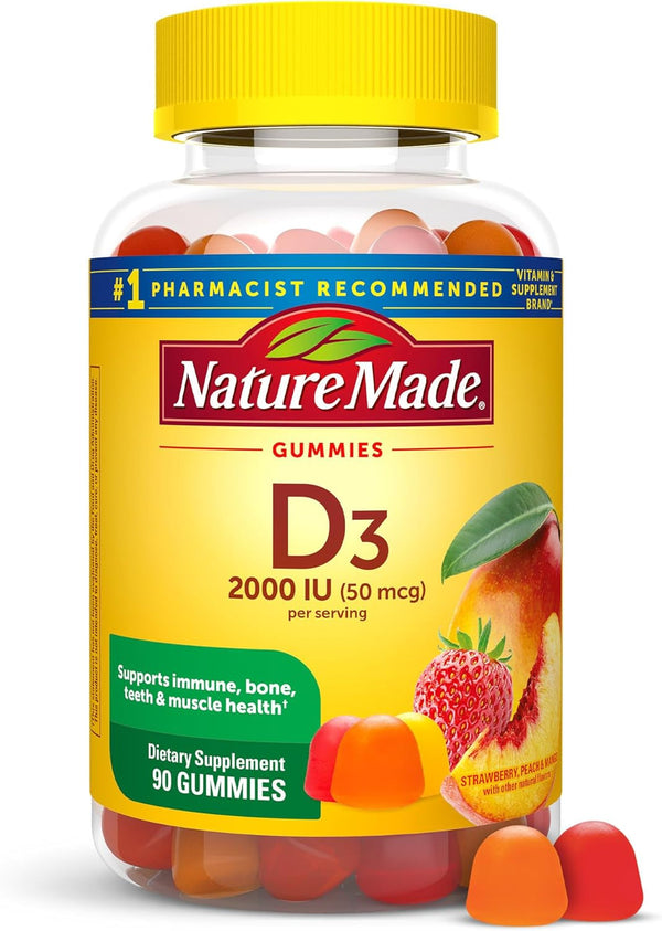 Nature Made Vitamin D3 2000 IU (50 Mcg) per Serving, Dietary Supplement for Bone, Teeth, Muscle and Immune Health Support, 90 Gummies, 45 Day Supply