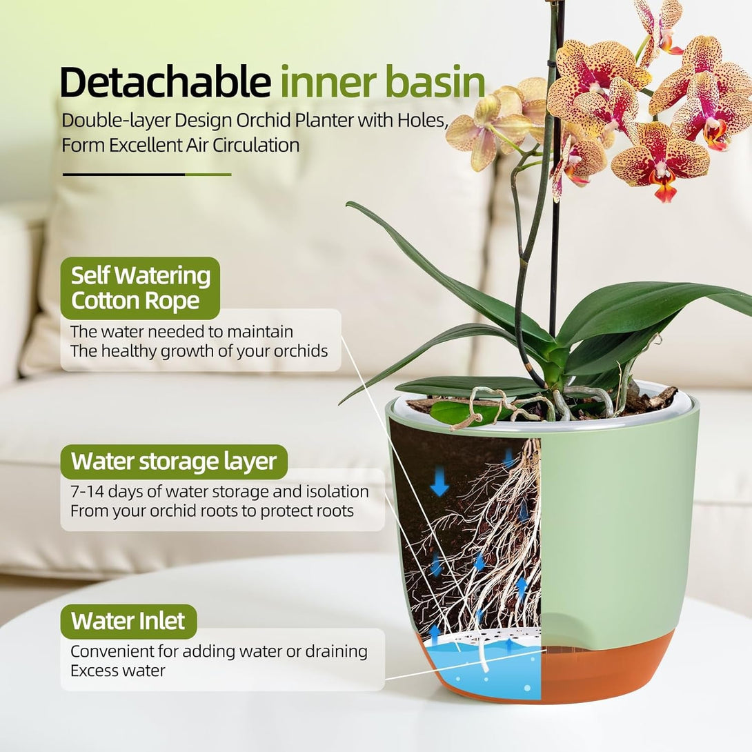 QCQHDU 2 Pack Orchid Pots with Holes for Repotting, Double-Layer and Self Watering Orchid Pot with Good Air Circulation