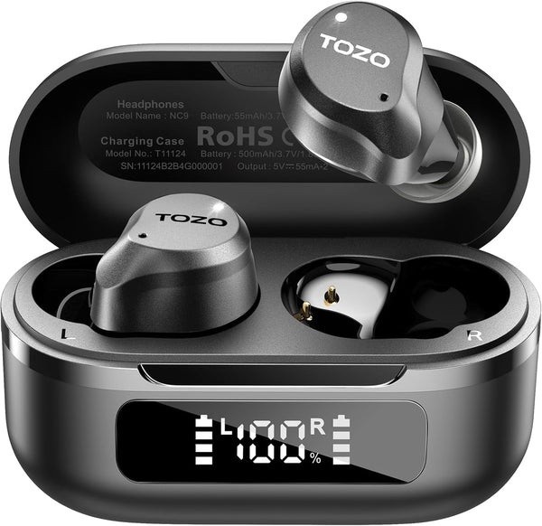 TOZO Hybrid Active Noise Cancelling Wireless Earbuds, 6 Mics ENC Clear Call, IPX8 Waterproof, in Ear Bluetooth 5.3 Headphones Stereo Bass Ear Buds 59H Playtime with LED Display 32 Eqs via APP