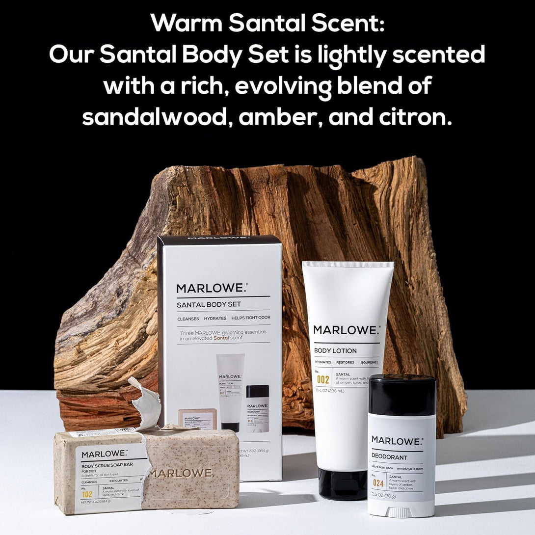 Men'S Grooming Santal Body Set, Features No. 102 Scrub Soap Bar, No. 024 Deodorant & No. 002 Body Lotion, Warm Amber, Sandalwood & Citron Scent