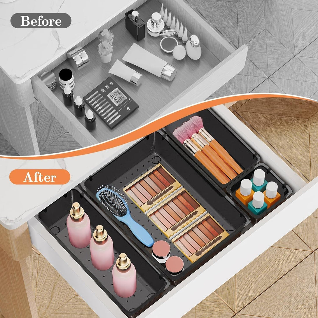 25 PCS Plastic Drawer Organizer Set, 4-Size Versatile Organizer Trays & Storage Bins for Makeup, Jewelry, and Gadgets in Bathroom, Bedroom and Office, Black