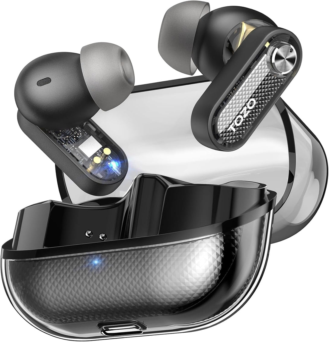 TOZO Hybrid Active Noise Cancelling Wireless Earbuds, 10Mm Drivers Deep Bass Stereo Sound, 4 Mics Smart ENC AI Calls, 32 EQ Customization via App, Bluetooth 5.4 Headphones, Crystal Case Design
