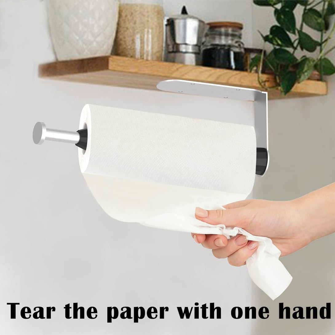 Paper Towel Holder under Cabinet Brushed Nickel Wall Mount Paper Towel Holder with Damping Single Hand Operable, under Counter Paper Towel Racks with Self-Adhesive and Screw for Kitchen Bathroom