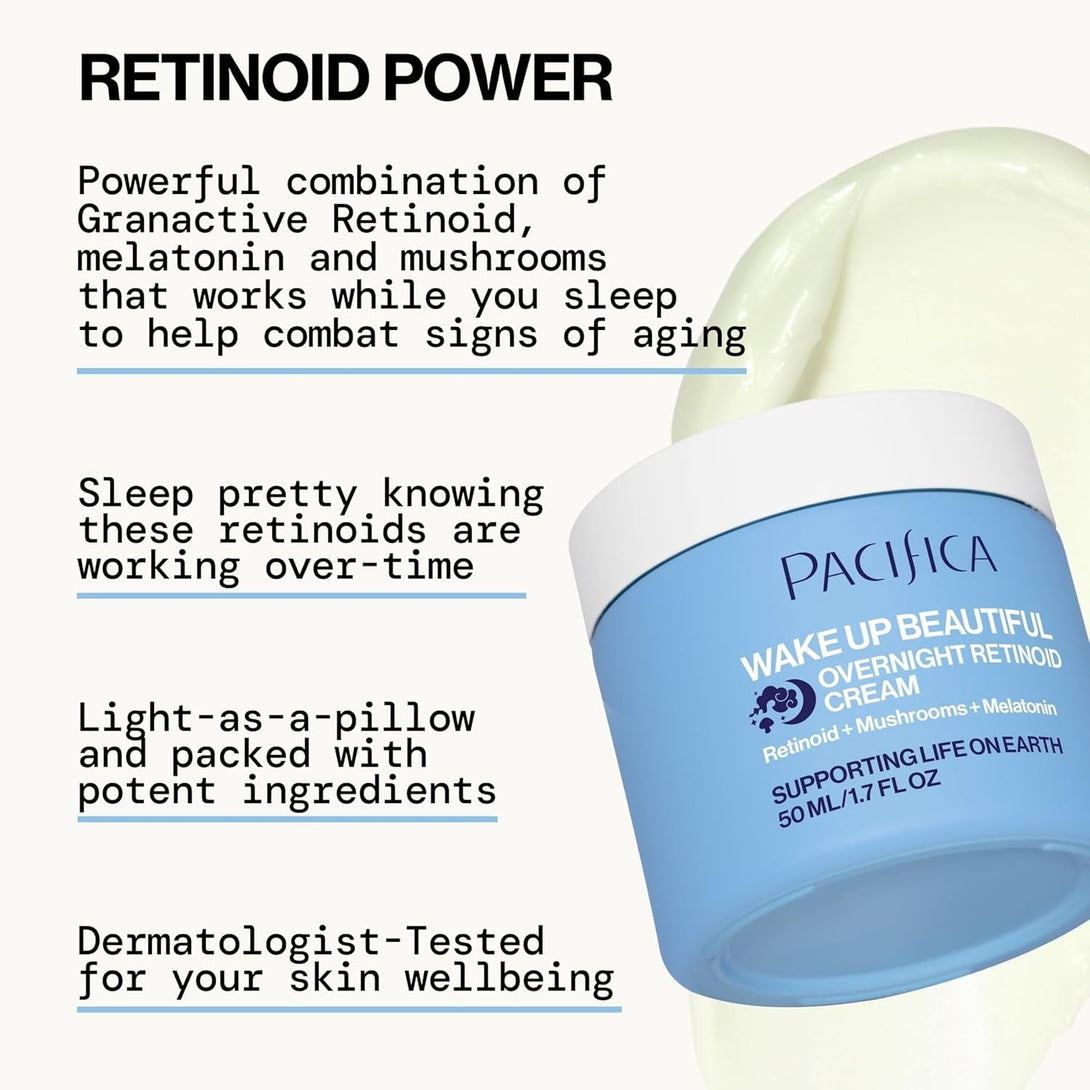 Pacifica Wake up Beautiful Retinoid Night Cream – Overnight Anti-Aging Moisturizer with Hyaluronic Acid & Melatonin, Reduces Wrinkles & Fine Lines, Hydrating and Gentle for Dry or Mature Skin, Vegan