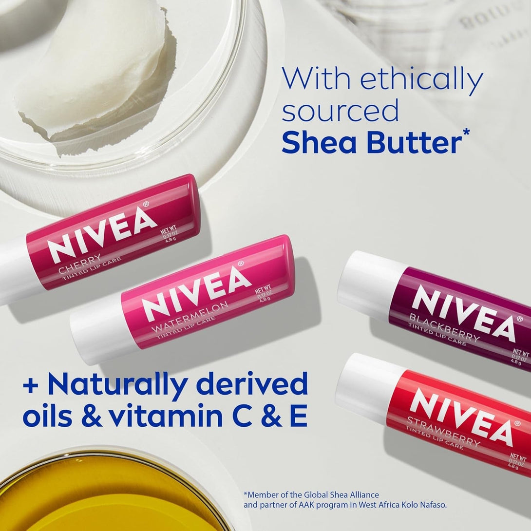 NIVEA Lip Care, Fruity Tinted Lip Balm Variety Pack, Cherry, Strawberry, Blackberry and Watermelon Flavors, 3-In-1 Moisture, Repair and Color, 0.17 Oz Stick, Pack of 4