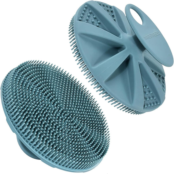 INNERNEED Food-Grade Soft Silicone Body Scrubber Shower Brush Handheld Cleansing Skin Brush, Gentle Exfoliating and Lather Well (Dark Green)