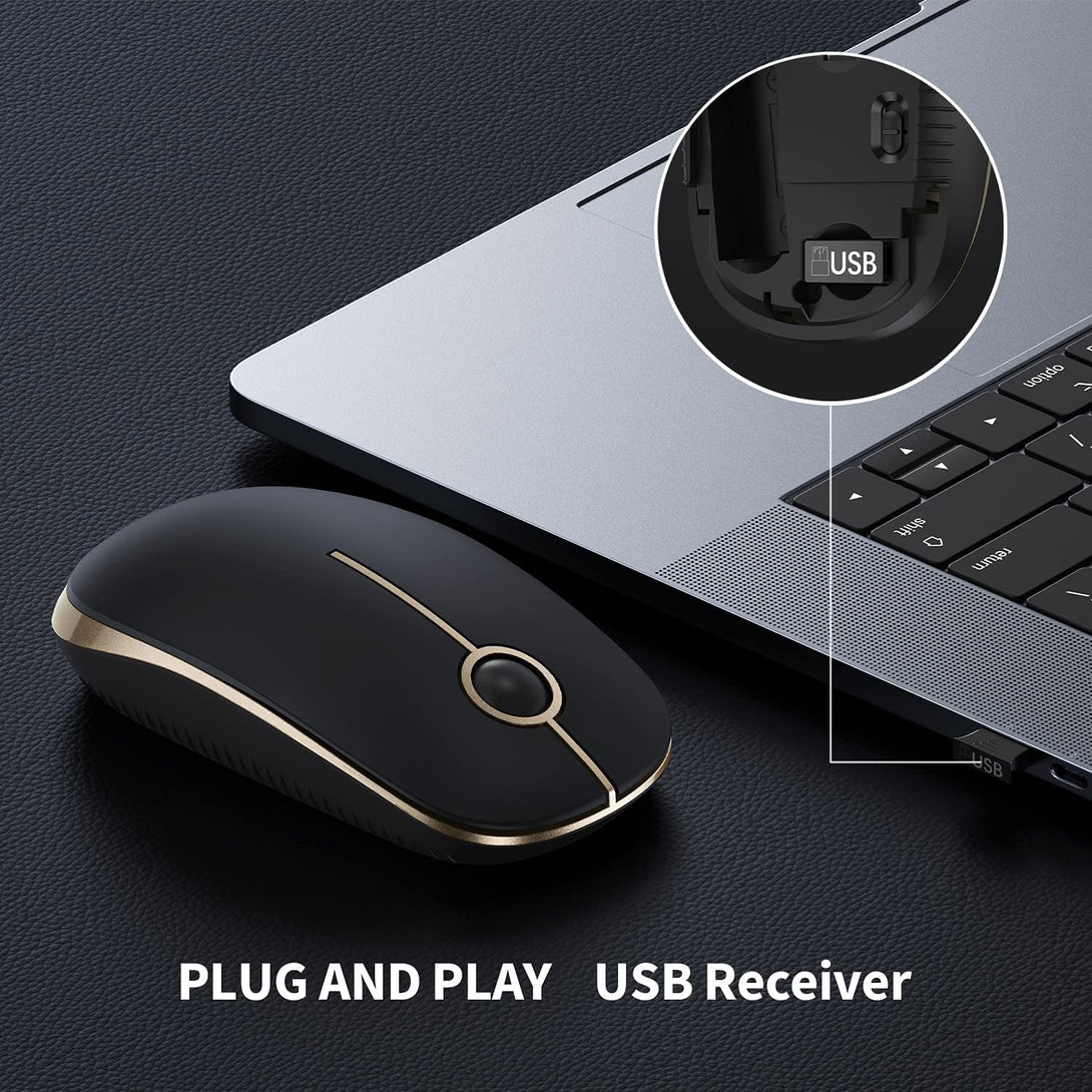 Vssoplor Wireless Mouse, 2.4G Slim Portable Computer Mice with Nano Receiver for Notebook, PC, Laptop, Computer (Black and Gold)