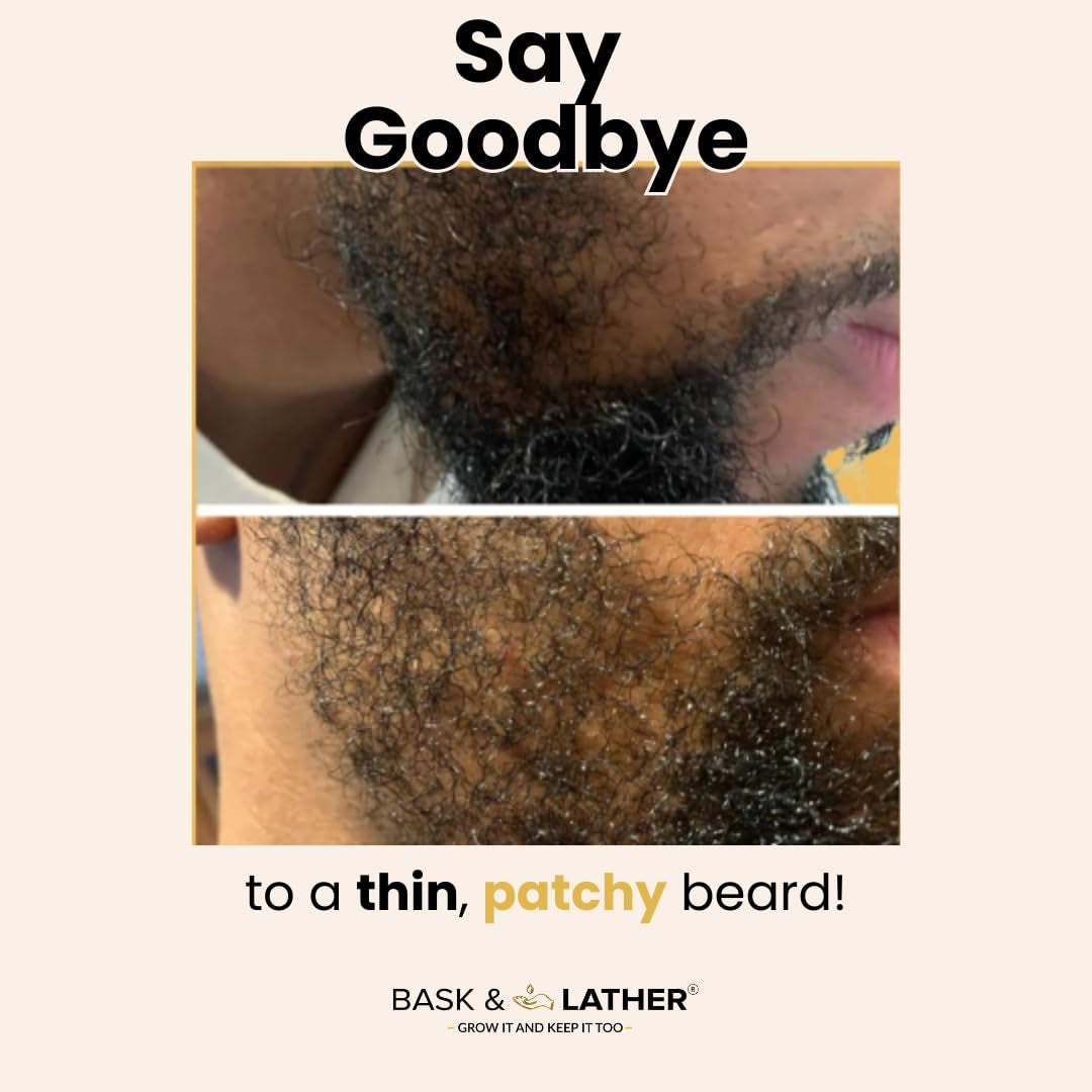 Bask & Lather Beard Growth Oil, Frizz Free Hair Oil for Men Beard Care with Vitamins & Natural Ingredients to Hydrate, Smooth & Soften for Shiny, Thicker Fuller Beard Hair and Texture, 4 Fl Oz