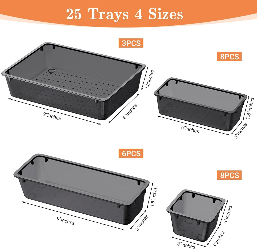25 PCS Plastic Drawer Organizer Set, 4-Size Versatile Organizer Trays & Storage Bins for Makeup, Jewelry, and Gadgets in Bathroom, Bedroom and Office, Black