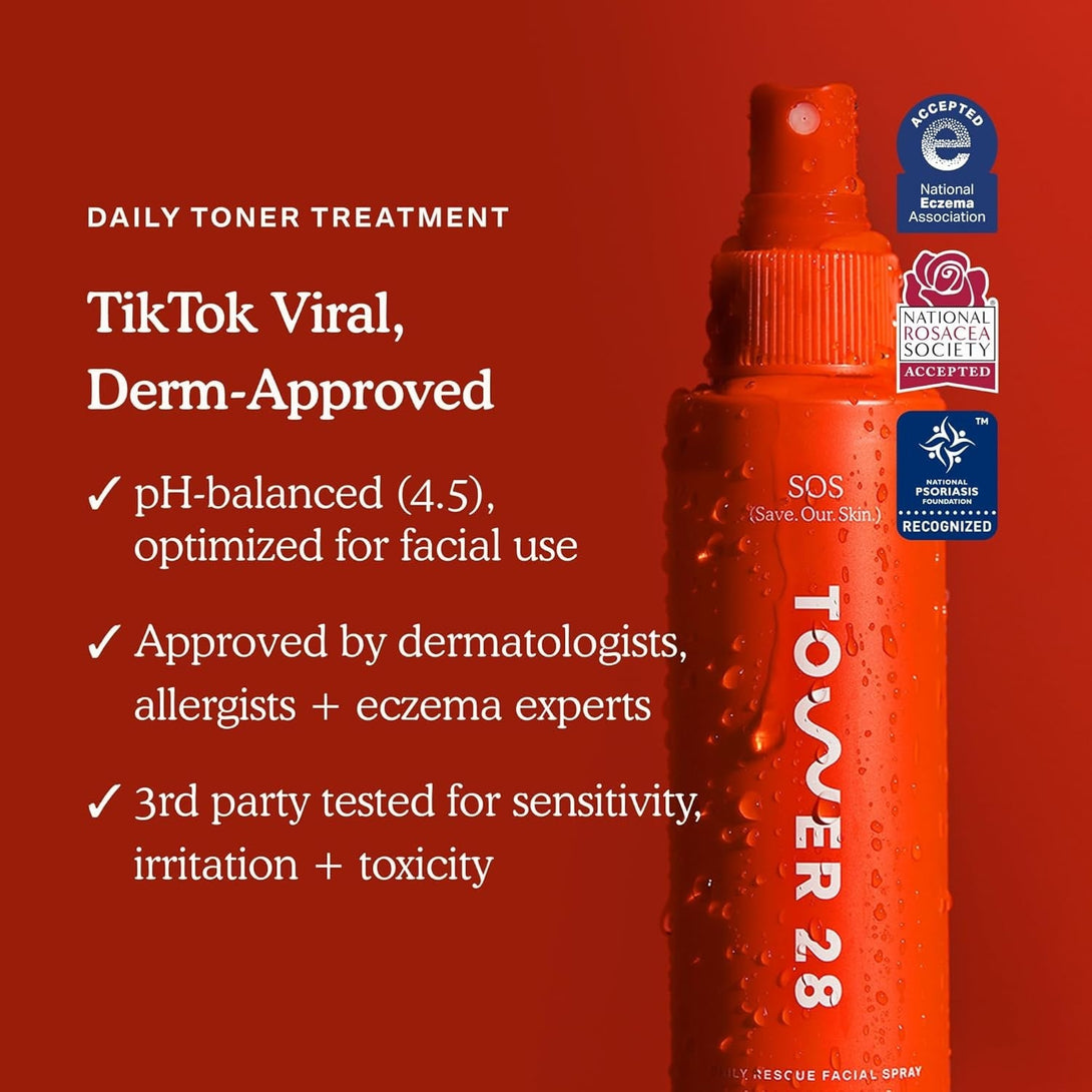 Tower 28 SOS Daily Rescue Facial Spray for Sensitive Skin, Hypochlorous Acid Spray Helps Reduce Redness and Breakouts, Travel Size Toner for Face, 1 FL Oz