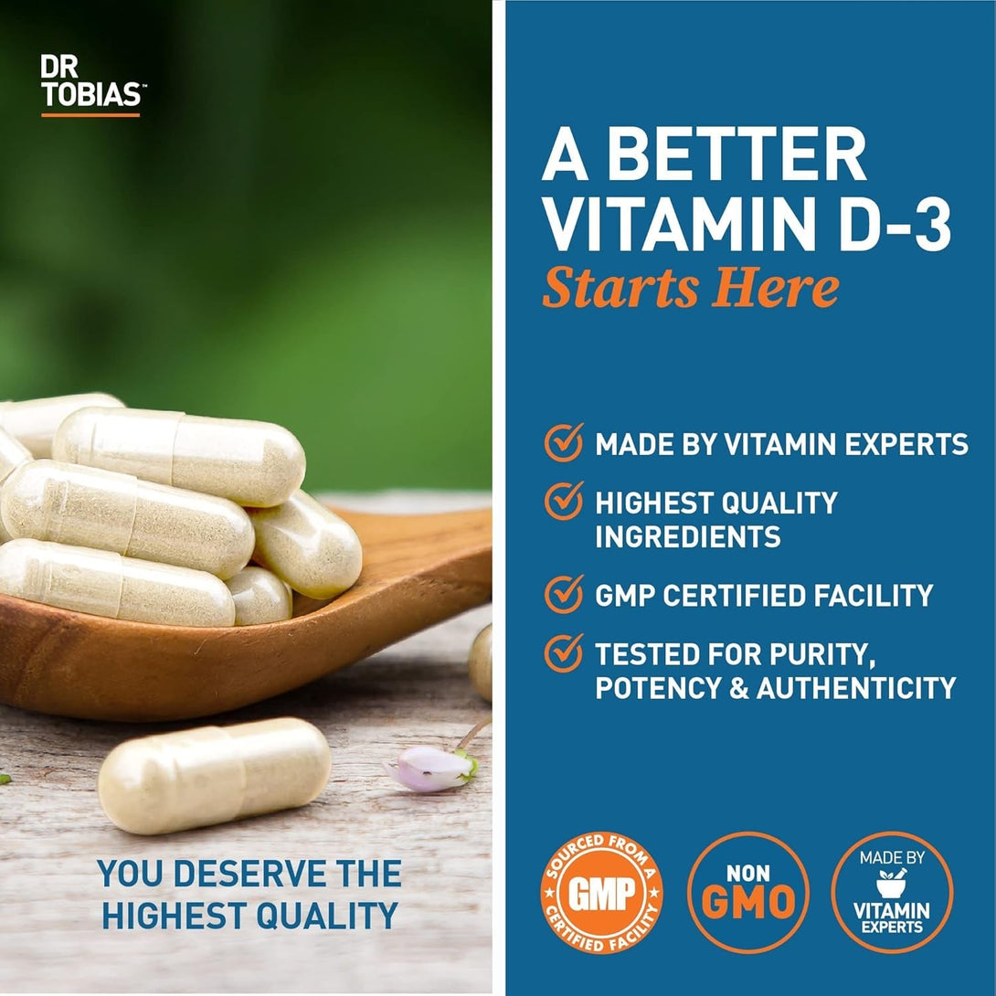 Dr. Tobias Vitamin D3 5000 IU, Essential for Healthy Bones, Teeth, and Immune System, Extra Strength Vitamin D Supplement, Non-Gmo, 90 Capsules, 90 Servings