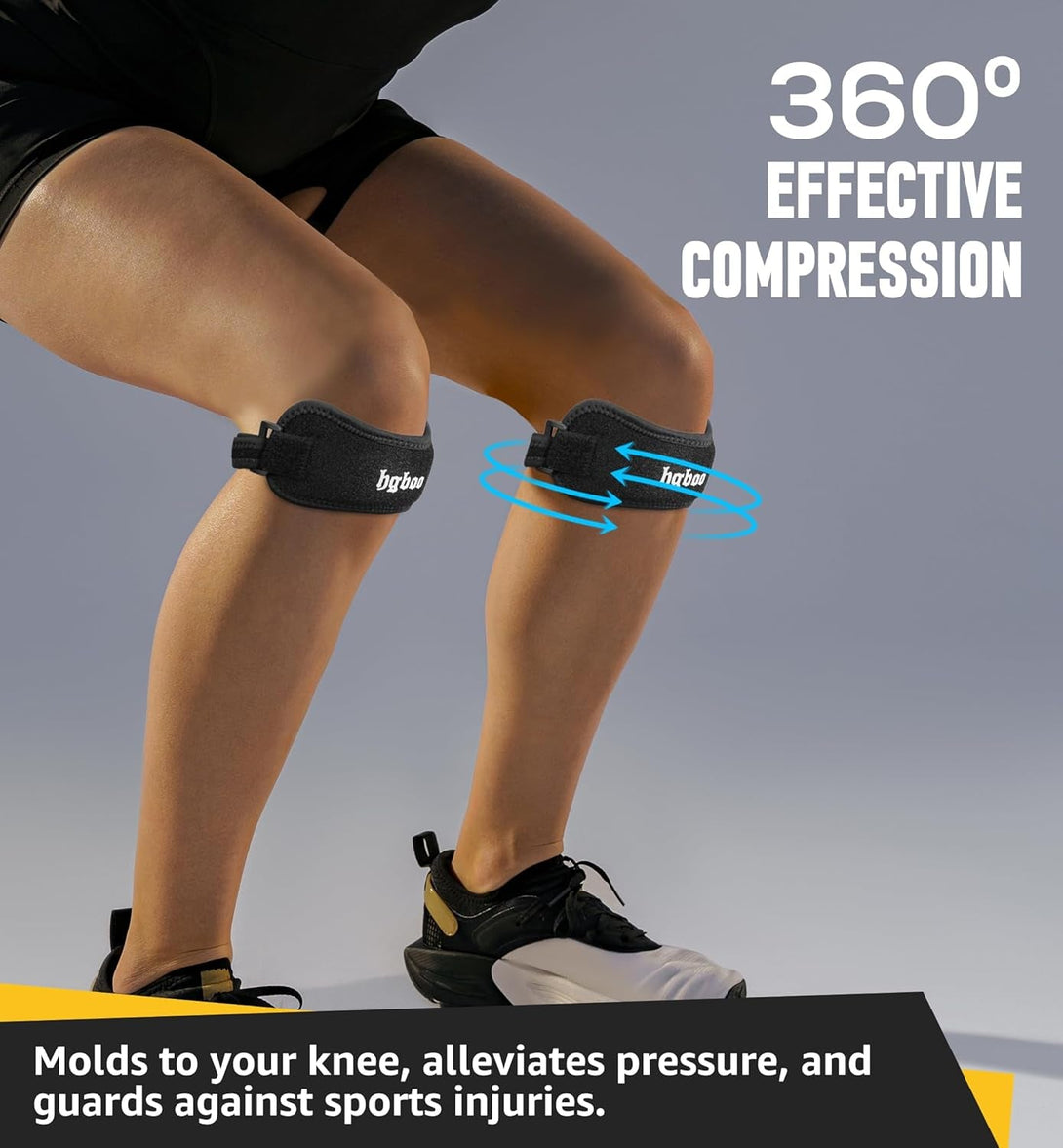2-Pack Patella Tendon Knee Brace Straps, Adjustable Knee Support Patella Stabilizer for Pain Relief, Jumpers Knee, Tendonitis, Arthritis, Running, Hiking, Tennis, Squats - Universal Fit (Black)