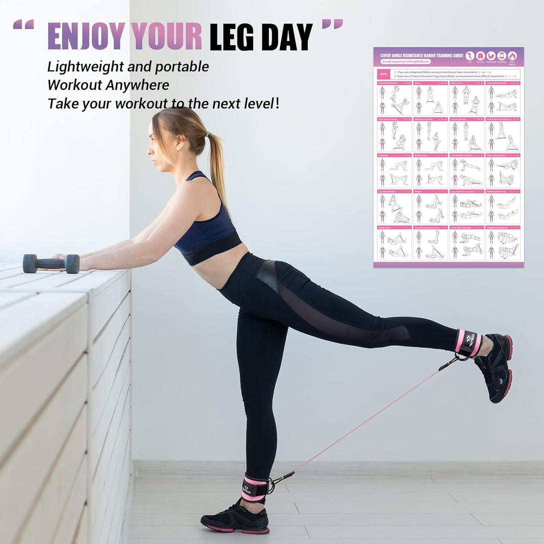 Ankle Resistance Bands with Cuffs for Working Out, Kickbacks, Hip, Leg and Glute Exercise - Training Poster Included - for Women
