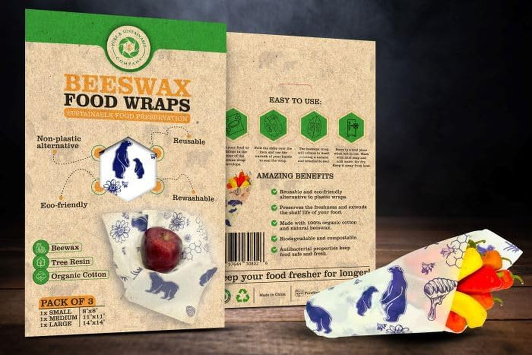 PURE & SUSTAINABLE COMPANY Beeswax Wraps - Food Storage -Pack of 3– Sustainable – Reusable - Certified Organic Cotton Size S,M,L