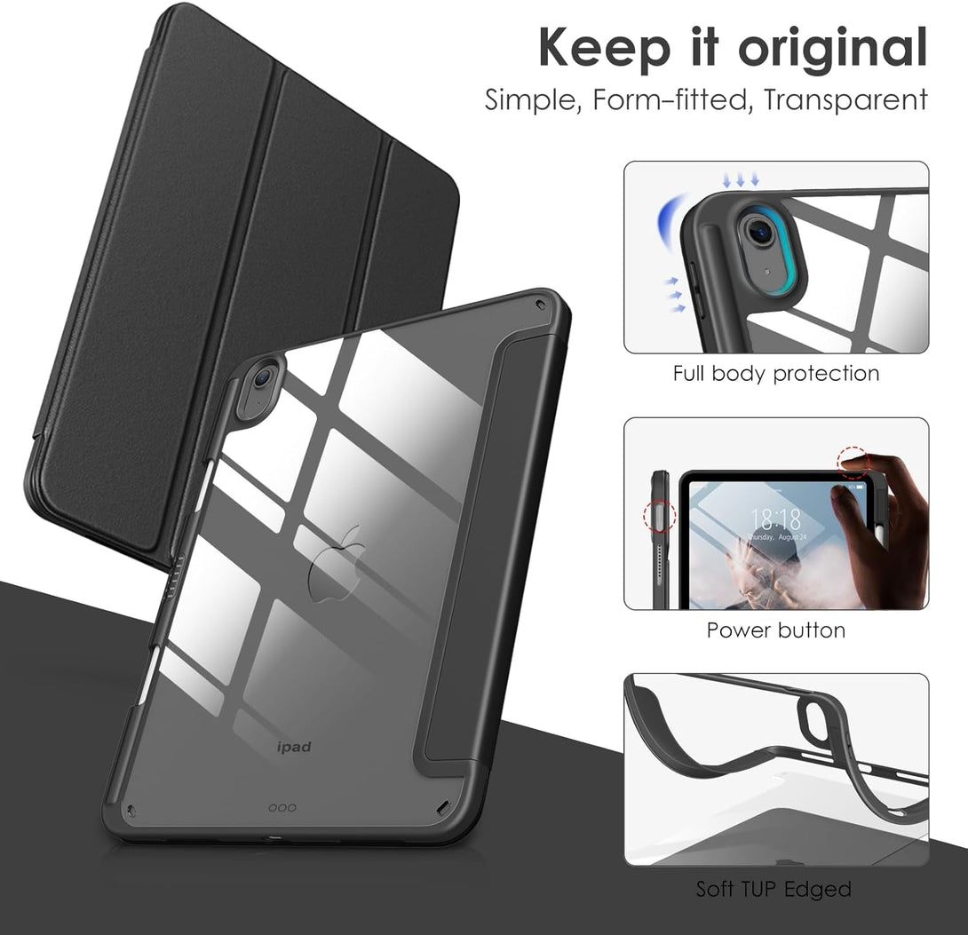 VIKESI Case for Ipad (A16) 11-Inch 2025 and Ipad 10Th Generation 10.9 Inch 2022, Clear Back and TPU Shockproof Frame Cover [Built-In Pencil Holder, Support Auto Sleep/Wake] - Black