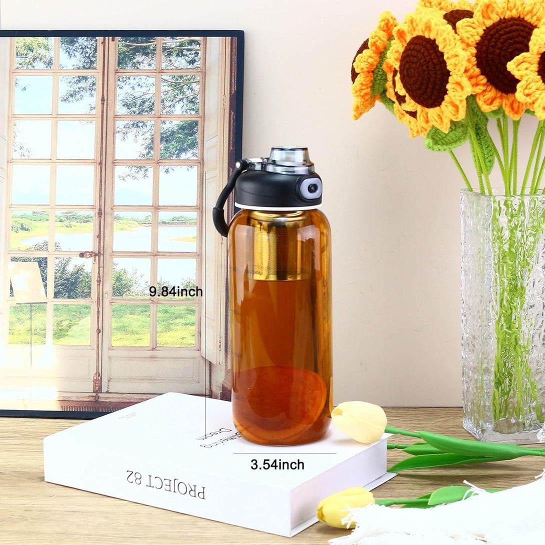 34Oz Glass Water Bottle - Large Capacity Drinking Bottles, with Time Mark, Stainless Steel Tea Strainer,Sleeve, BPA Free,For Hot or Cold Drinks, Coffee, Tea and Water (34Oz)