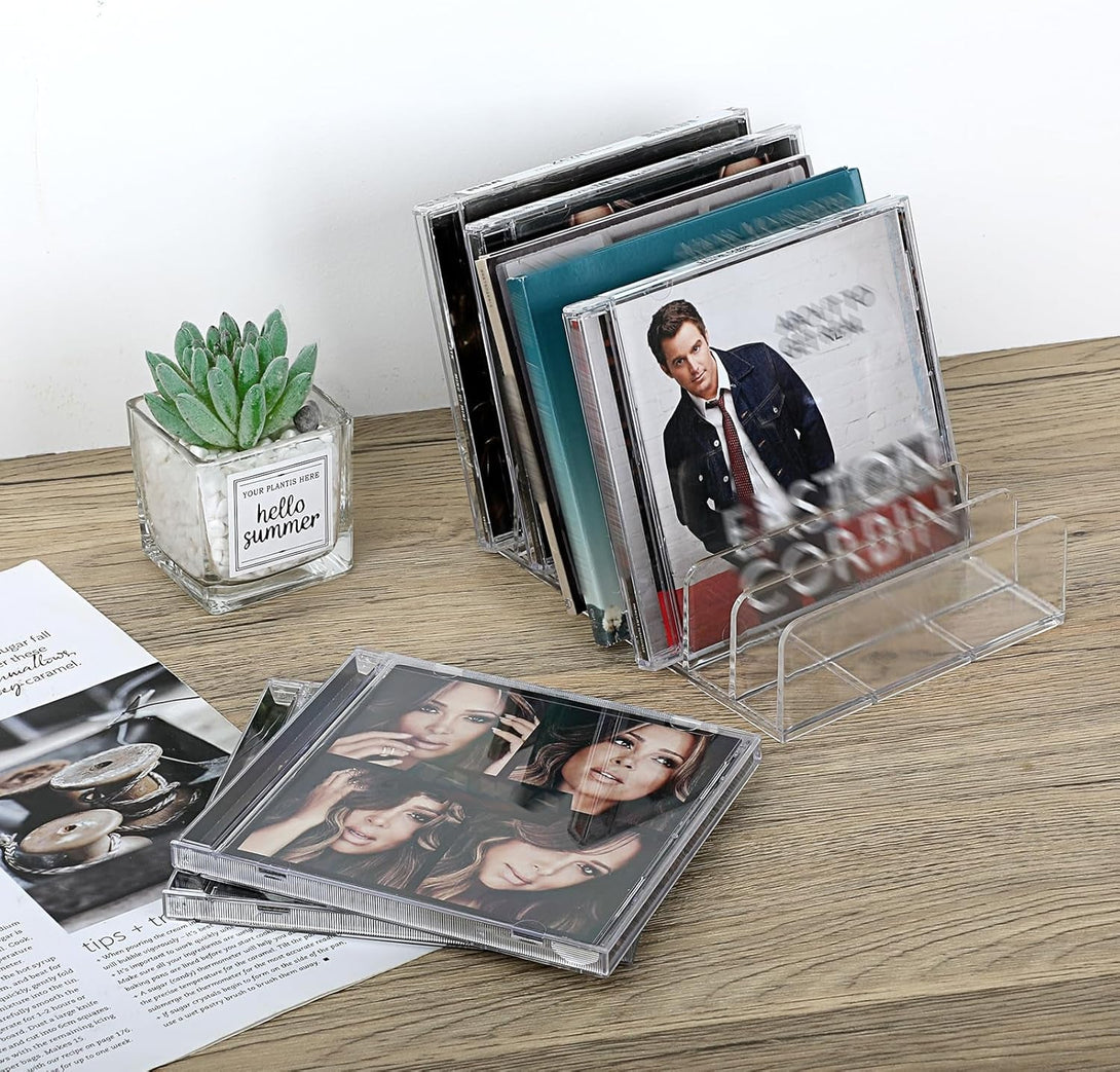 Hipiwe Clear CD Holder - 7 Slot CD Storage Box CD DVD Display Rack Tray Holds up to 14 Standard CD Cases, Tabletop Plastic File Divider for Paper Mail Bill Eyeshadow Palette Organizer, 2-Pack