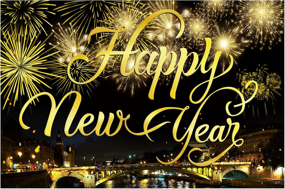 Happy New Year Party Backdrop Fabric Sign Poster Banner with Pattern Firework for New Year Party Decoration Photo Props Background Supplies
