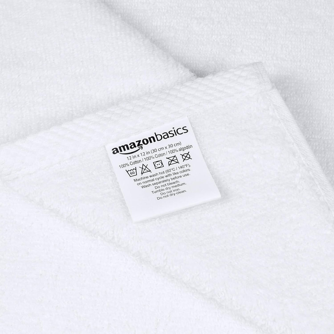 Amazon Basics Cotton Washcloths, Quick-Dry, 12" X 12", 12-Pack, White