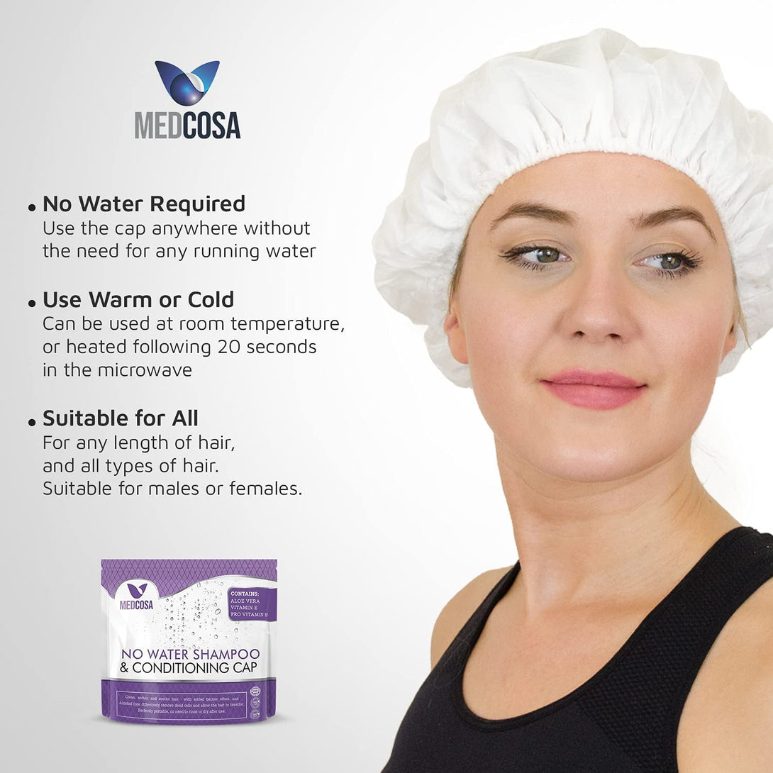 Medcosa No Rinse Shampoo Caps - Waterless Shampoo and Conditioner Hair Wash Cap - Dry Hair Washing Aids with Aloe Vera and Vitamins - Pack of 5 Rinse Free No Water Shower Caps