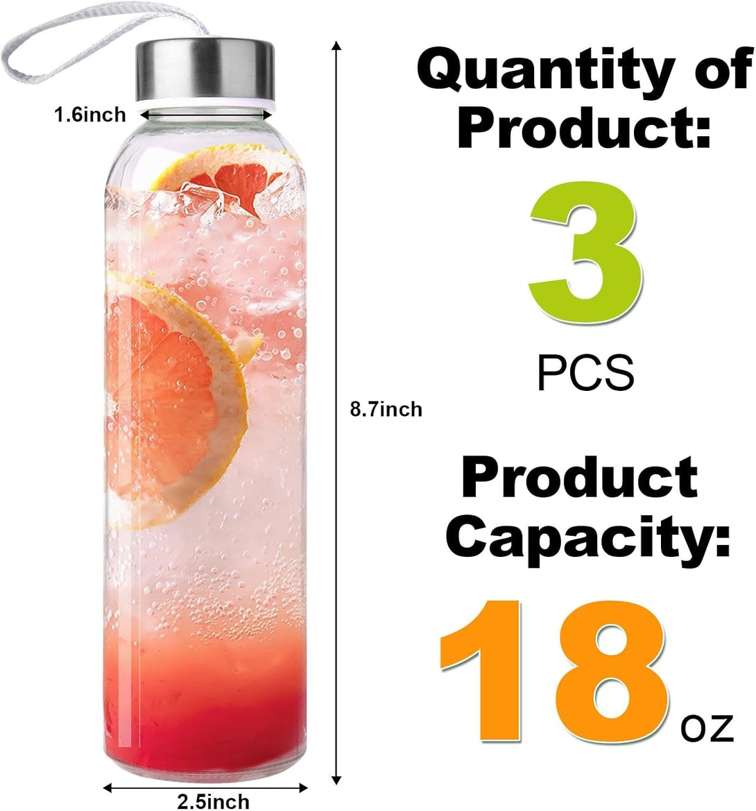 3 Packs Glass Water Bottles with Lid Clear Juice Bottles Reusable Bottle with Stainless Steel Cap Glass Cups Liquid Storage Containers for Juicing Beverage Refrigerator Travel-18Oz