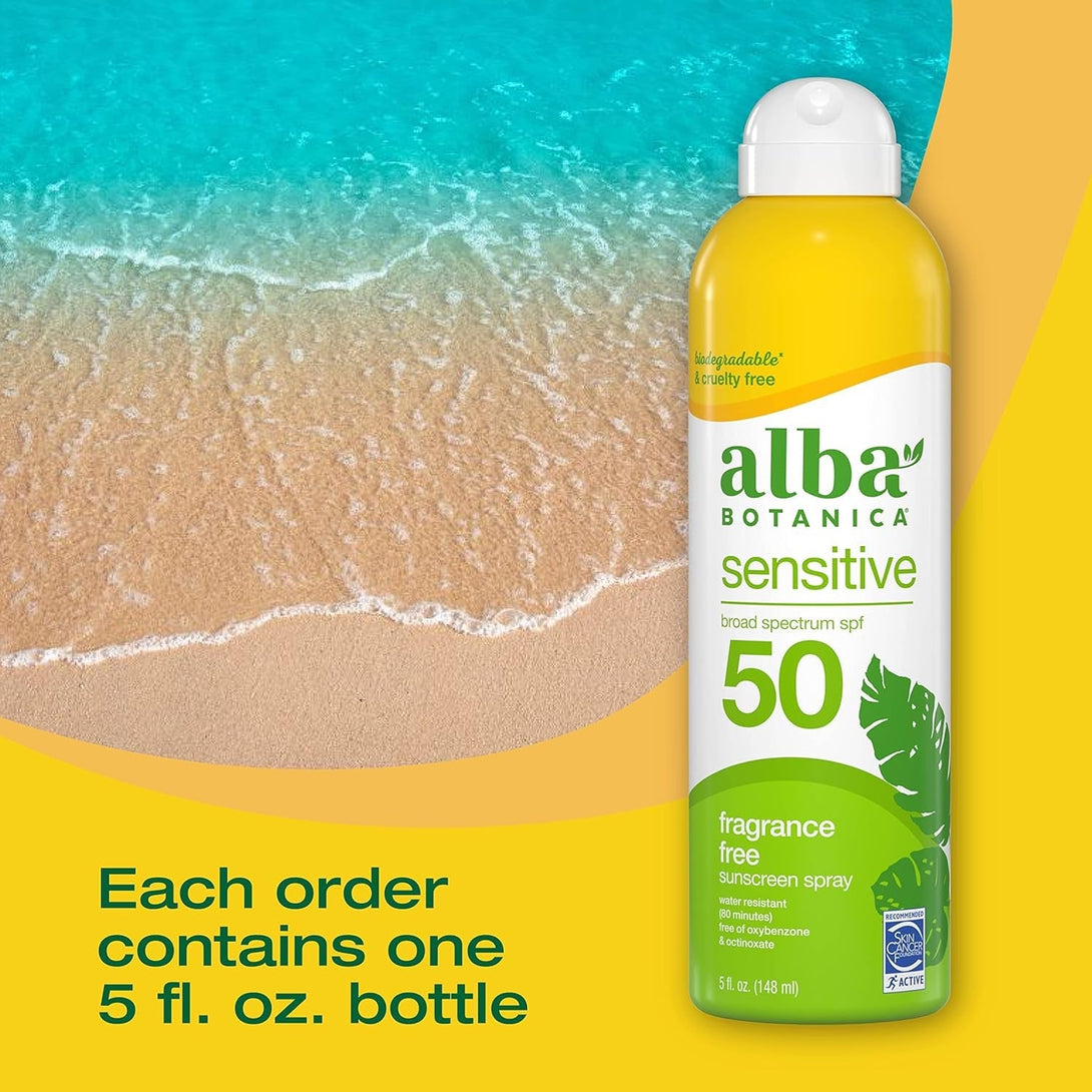 Alba Botanica Sensitive Sunscreen Spray for Face and Body, Fragrance-Free, Broad Spectrum SPF 50, Water Resistant, 5 Fl. Oz. Bottle