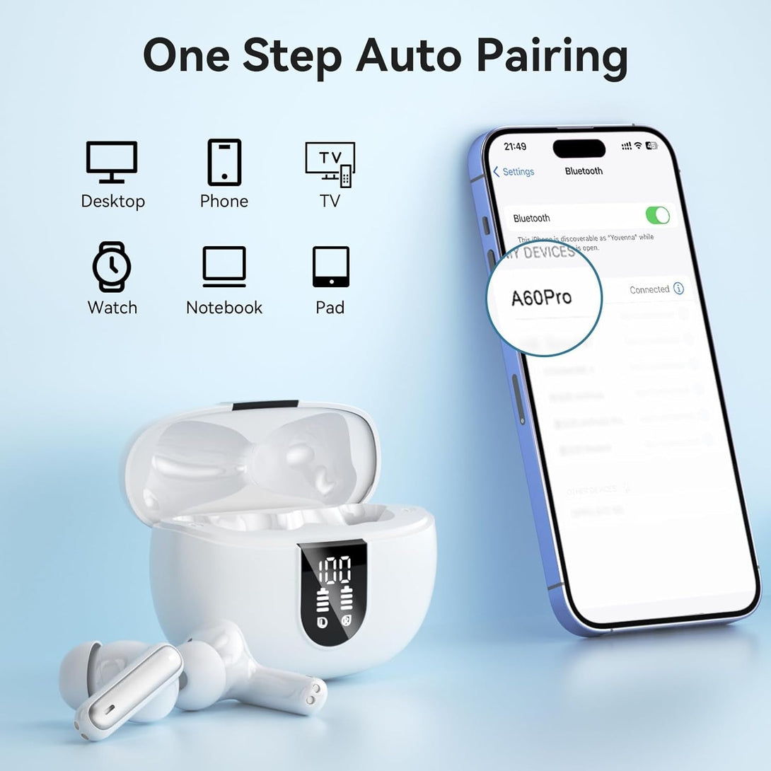 Wireless Earbuds, Bluetooth 5.3 Headphones 40Hrs Playtime Deep Bass Stereo In-Ear Earbud, LED Power Display, Call Noise Canceling Headphones with Mic, IP7 Waterproof Earphones for Iphone Android