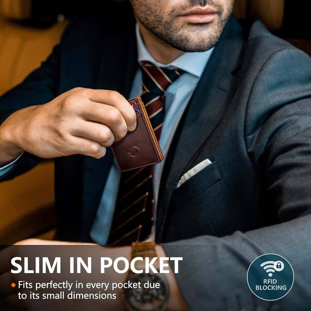 Magnetic Closure Slim Wallet for Men with Money Clip Gift Boxed,Genuine Leather Front Pocket Wallet, 3.9"X 2.7", RFID Blocking