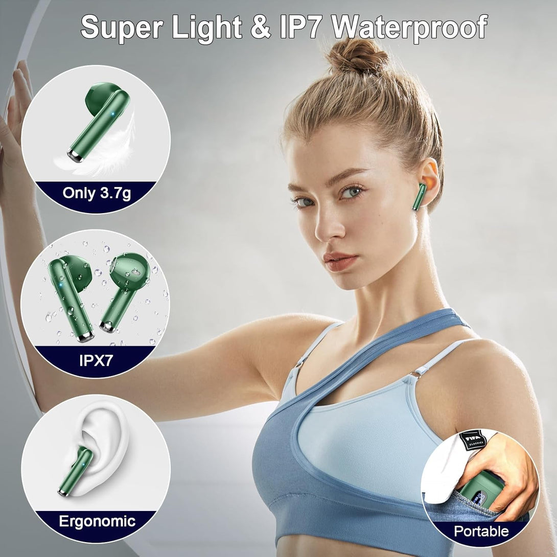 Wireless Earbuds, Bluetooth Headphones 5.4 with ENC Noise Cancelling Mics, 30H Bluetooth Ear Buds 3D Bass with LED Display Charging Case, IP7 Waterproof Wireless Earphones for Android, Ios, Green
