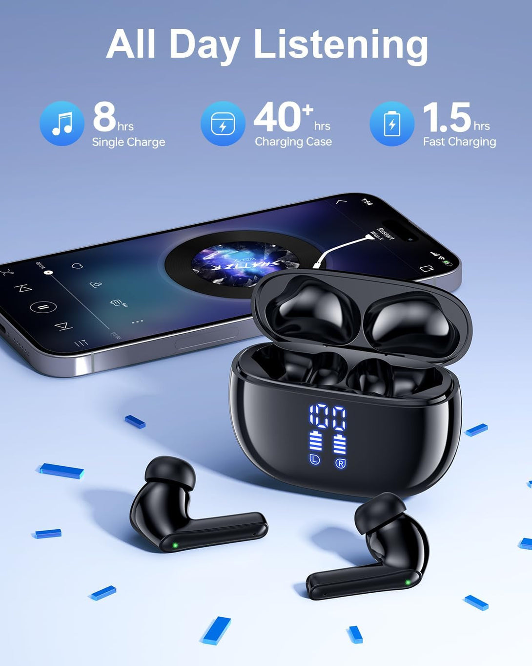 Wireless Earbuds Bluetooth Headphones, Ear Buds with Deep Bass, 40H Long Playtime, LED Power Display, IP7 in Ear Earphone with Mic for Iphone Android Phone Sports Workout, Black