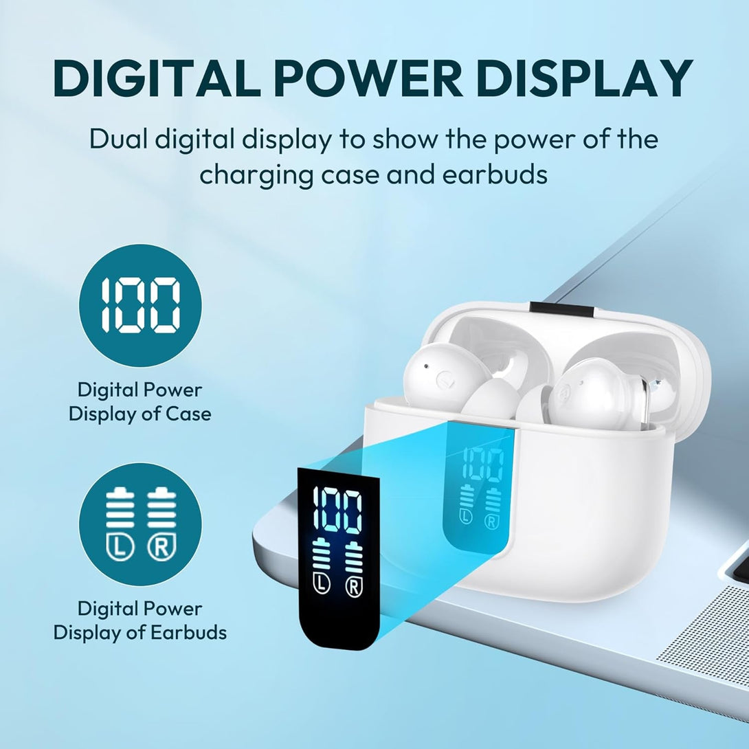 Earbuds Wireless Bluetooth Ear Buds 60H Playback LED Power Display Headphone Wireless Bluetooth IPX5 Waterproof In-Ear Earbuds with Mic for TV Smart Phone Laptop Computer Sports (White)