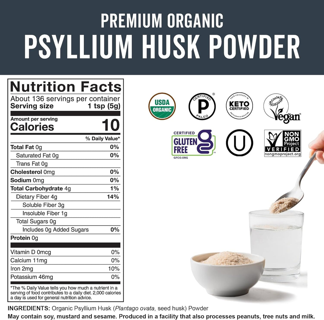 Viva Naturals Organic Psyllium Husk Powder, 24 Oz - Finely Ground, Unflavored Plant Based Superfood - Good Source of Fiber for Gluten-Free Baking, Juices & Smoothies - Certified Vegan, Keto and Paleo