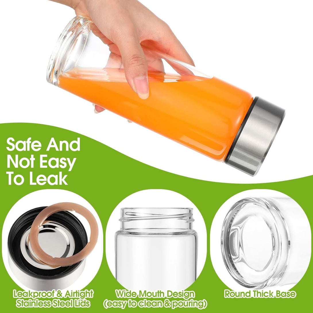 8 Pcs Wide Mouth Glass Water Bottles Reusable Glass Bottles with Lids Leakproof Juice Jars with Lids for Fridge Milk Juicing Smoothies Infused Water Beverage Kombucha Tea Drinking (Silver,16 Oz)