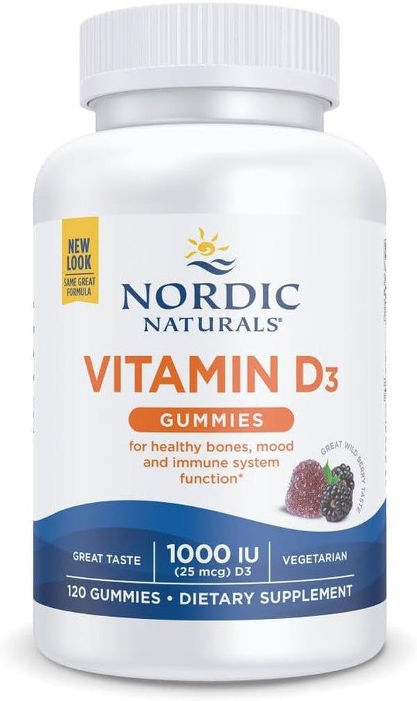 Nordic Naturals Vitamin D3 Gummies, Wild Berry - 120 Gummies - 1000 IU Vitamin D3, 1.4 Mg Iron - Great Taste - Healthy Bones, Mood & Immune System Function - Non-Gmo - 120 Servings