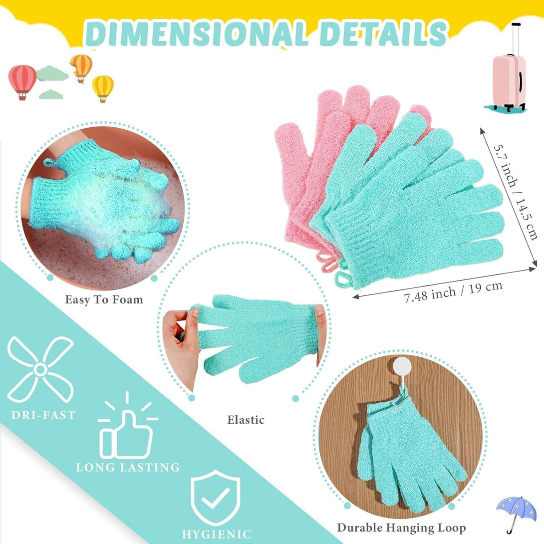 4 Pack Exfoliating Washcloth Back Scrubber Set, 2 Exfoliating Body Scrubber Nylon Back Body Scrub Towel, 2 Pairs Shower Gloves for Women Men Bath Shower Exfoliation(Pink, Light Blue, Green)