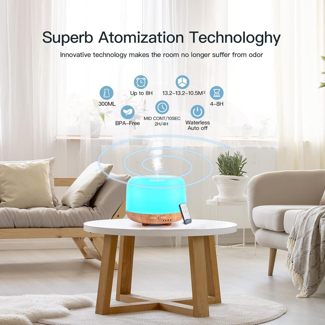Aromatherapy Essential Oil Home Diffuser with Remote Control, 300ML Large Room Cool Mist Air Humidifier, 8 Hours Quiet Operation, Timer, 7 Colors LED Night Night，Suitable Home,Yoga.