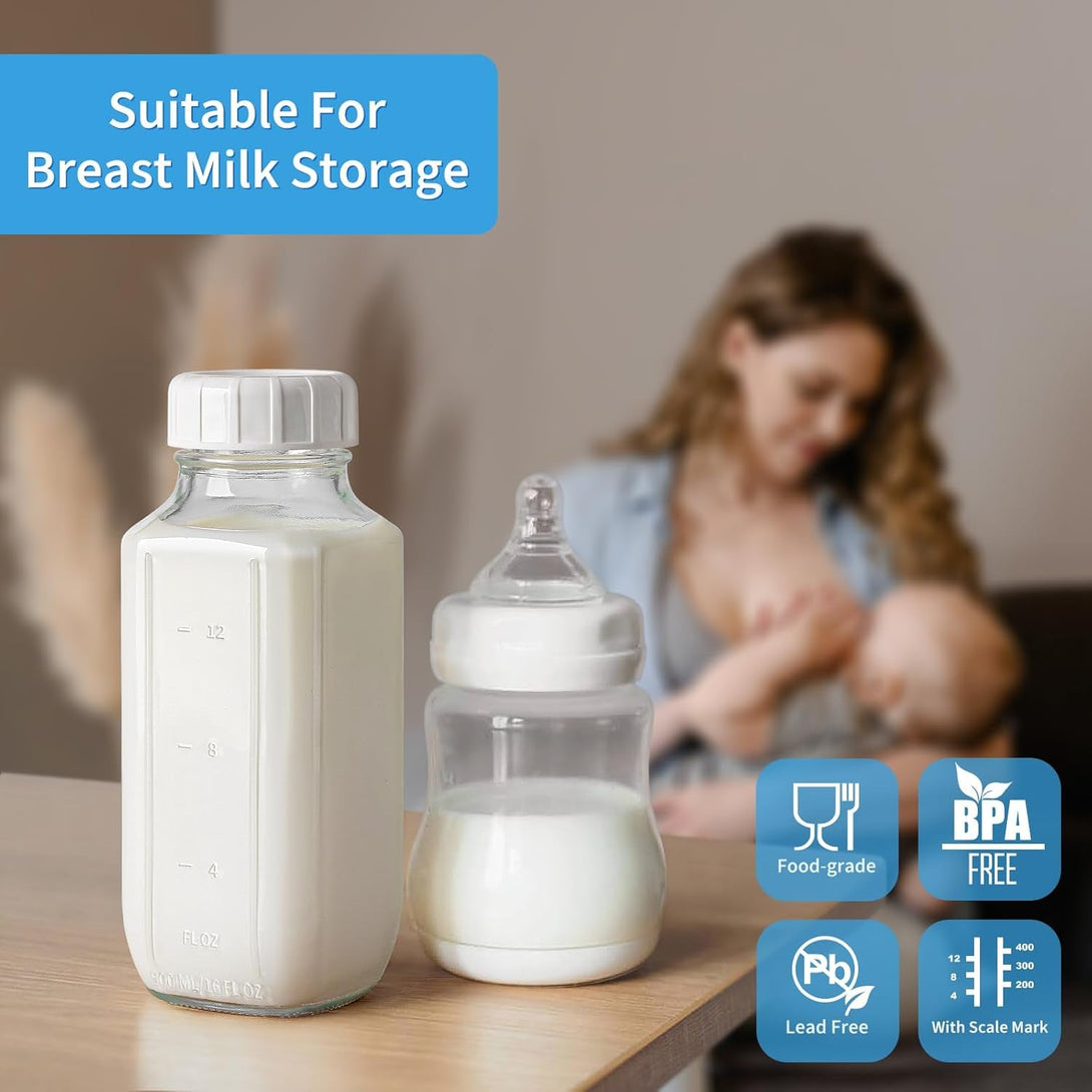 6 Pack 16 Oz Glass Juice Bottles W Pour Spout, 100% Airtight Heavy Duty SCREW Lid- Reusable Glass Milk Bottles W Capacity Mark, Square Drinking Jar Juice Container(Extra 2 Lid)