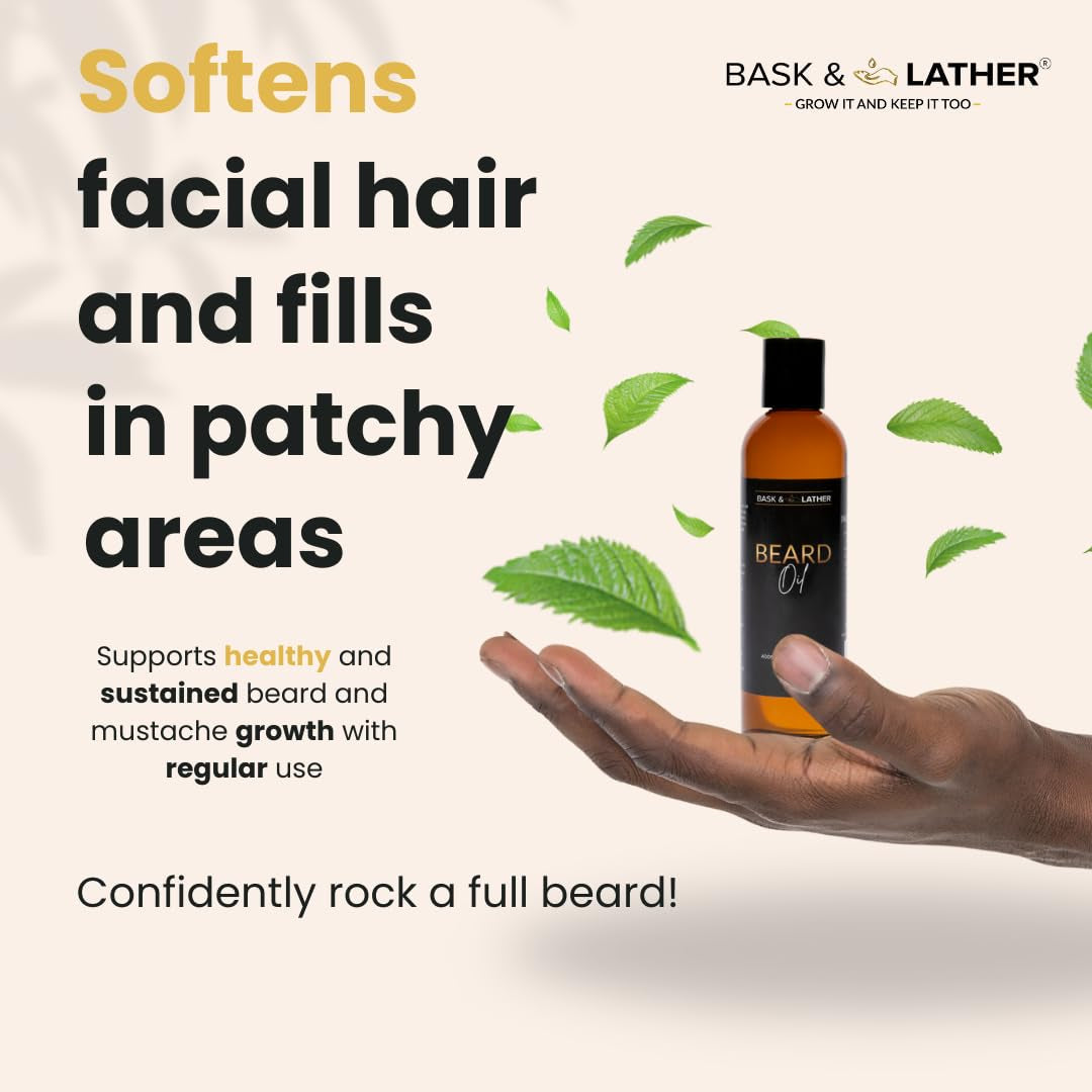 Bask & Lather Beard Growth Oil, Frizz Free Hair Oil for Men Beard Care with Vitamins & Natural Ingredients to Hydrate, Smooth & Soften for Shiny, Thicker Fuller Beard Hair and Texture, 4 Fl Oz