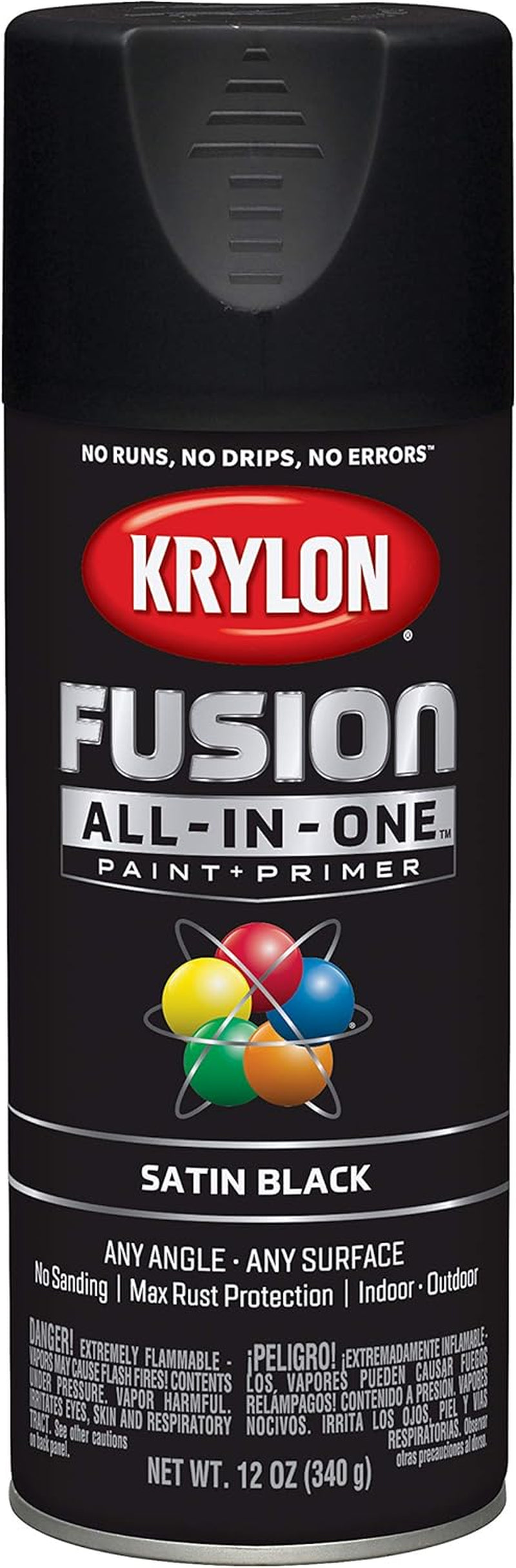 12 Oz Krylon K02732007 Black Fusion All-In-One Paint & Primer Spray Paint, Satin