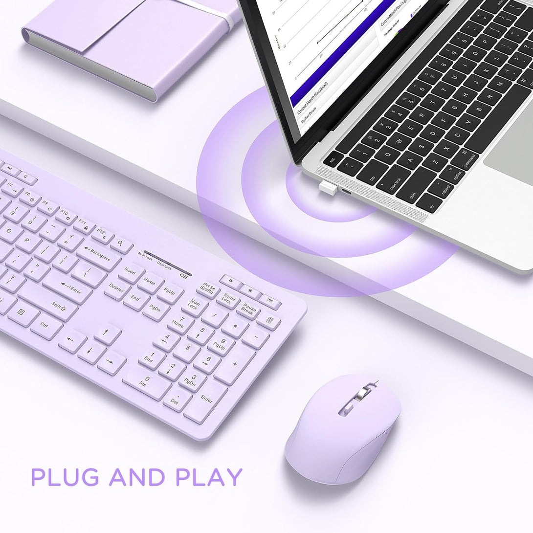 Seenda Wireless Keyboard and Mouse Combo, 2.4Ghz Cordless Quiet Keyboard Mouse with USB Receiver, Full Size Cute Purple Combo, Compatible for Windows Laptop Computer Desktop PC, Purple